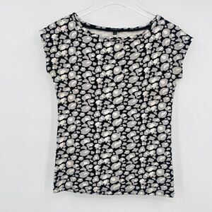 Talbots Size P XSP Black & Gray Printed Boat Neck Short Sleeve Jersey Knit Top